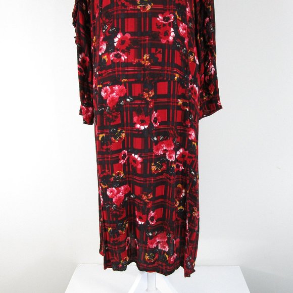 Asos Red Black Floral Plaid Long Sleeve Midi Dress 8 - Picture 3 of 13